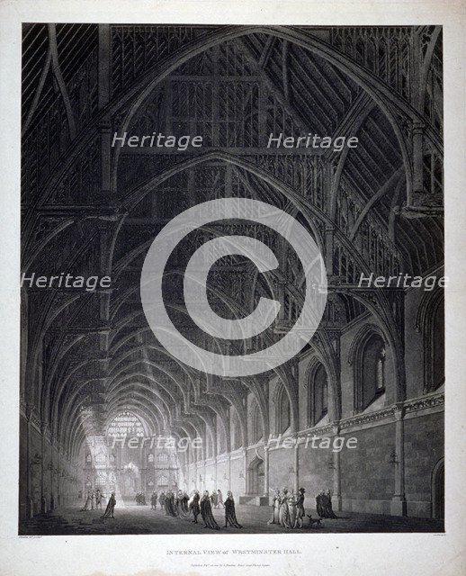Interior view of Westminster Hall showing the fine hammerbeam roof, London, 1801.                    Artist: George Hawkins