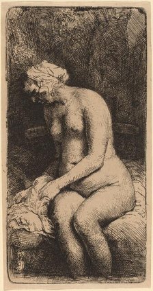 Nude Seated on a Bench with a Pillow (Woman Bathing Her Feet at a Brook), 1658. Creator: Rembrandt Harmensz van Rijn.