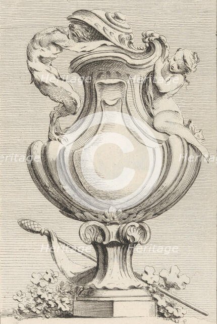 Design for a vase with a faun and a nymph, from Livre de Vases (Book of Vases), plate 1..., 1742-50. Creator: Gabriel Huquier.