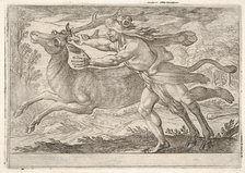Hercules and the Hind of Mount Cerynea: Hercules strides alongside the hind and grasps the..., 1608. Creator: Antonio Tempesta.