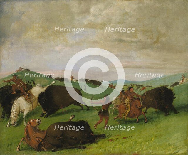 Buffalo Chase, Bulls Making Battle with Men and Horses, 1832-1833. Creator: George Catlin.