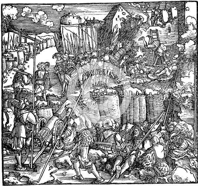 Siege of a fortress. Illustration from the book Phisicke Against Fortune by Petrarch, 1532.