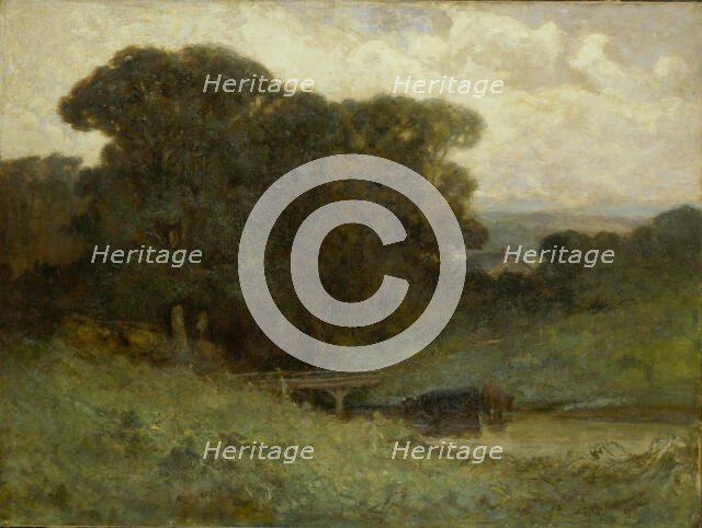 Untitled (forest scene with bridge, cows in stream in foreground), 1897. Creator: Edward Mitchell Bannister.