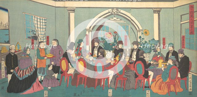Foreigners from the Five Nations Enjoying a Banquet, 3rd month, 1861. Creator: Yoshikazu.