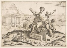Laocoön and his two sons being attacked by serpents upon a pedestal, a temple to Mi..., ca. 1515-27. Creator: Marco Dente.