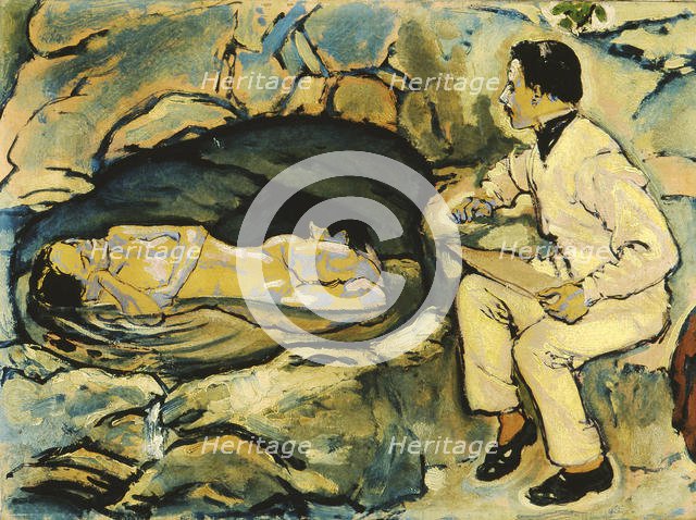 Self-Portrait, drawing with mermaid in the rock grotto, 1914. Creator: Moser, Koloman (1868-1918).