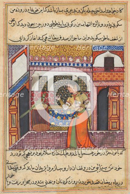 Page from Tales of a Parrot (Tuti-nama): Forty-third night: The parrot addresses Khujasta…, c. 1560. Creator: Unknown.