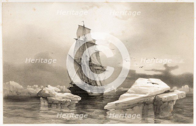 Corvettte La Recherche near Bear Island on 7th August, 1838,  from Voyages en Scandinavie, 1852. Creator: Francois Auguste Biard (1798 - 1882).