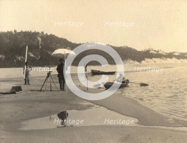A survey group with instruments on the right bank of the Zeya River, 1909. Creator: Vladimir Ivanovich Fedorov.