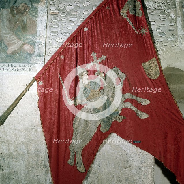 San Isidoro (560-636), Archbishop of Seville, detail of the banner of the Baeza of his equestrian…