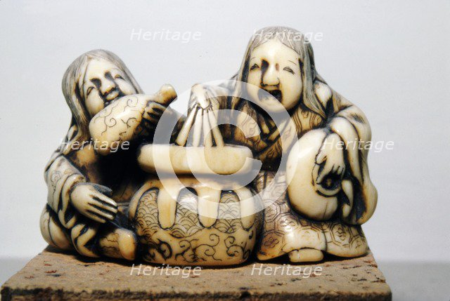 Japanese Netsuke of Two Shojo, Drunkards, Edo Period, 18th century. Artist: Gyoku-un.