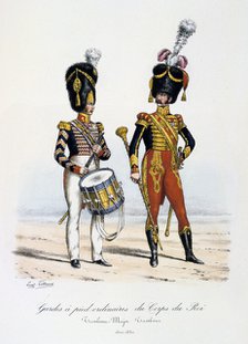 Gardes a pied ordinaires du Corps de Roi, Drum Major and Drummer, 1822-30 Artist: Eugene Titeux