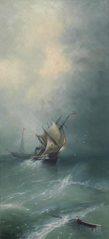 Sailing ship in a storm, copy after Ivan Aivazovsky, 1890-1920. Creator: Unknown.