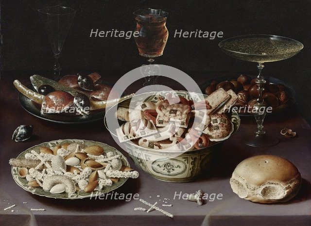 Still life with sweets, chestnuts and a bread roll. Artist: Beert, Osias, the Elder (ca. 1580-1624)