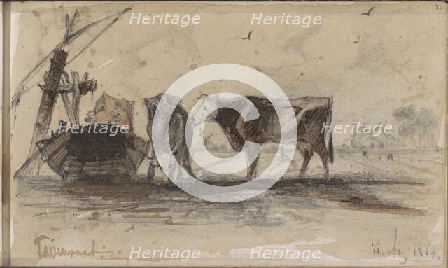 Pasture with cows at a trough, 1864. Creator: Johannes Tavenraat.