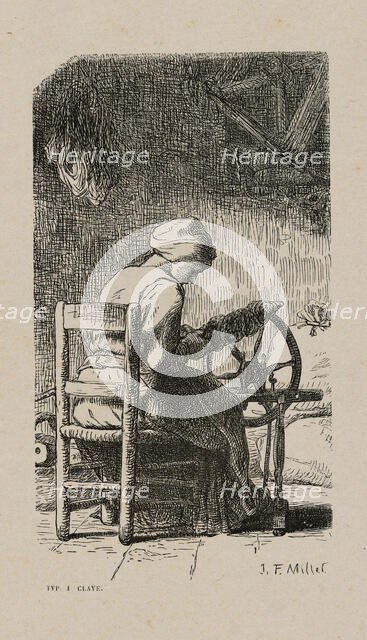 Woman Spinning, 1853, after drawing made in 1852. Creator: Jacques-Adrien Lavieille.