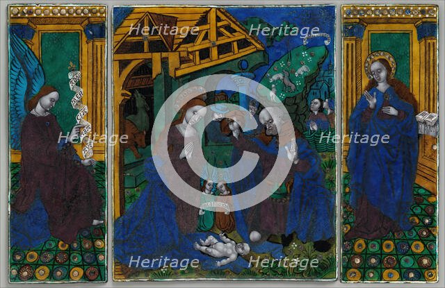 Three plaques from a triptych with the Adoration of the Shepherds..., French, early 16th century. Creator: Unknown.
