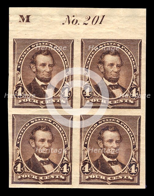 4c Abraham Lincoln proof plate block of four, June 2, 1890. Creator: American Bank Note Company.