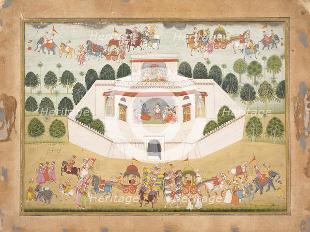 Krishna and Balarama within a Walled Palace: Page from a Dispersed Bhagavata Purana..., ca. 1700.    Creator: Unknown.