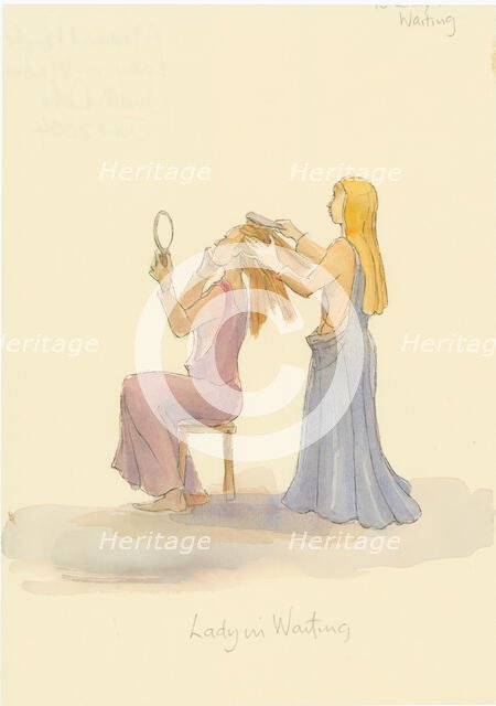 A medieval lady in waiting, brushing the hair of a lady, 2004. Creator: Judith Dobie.