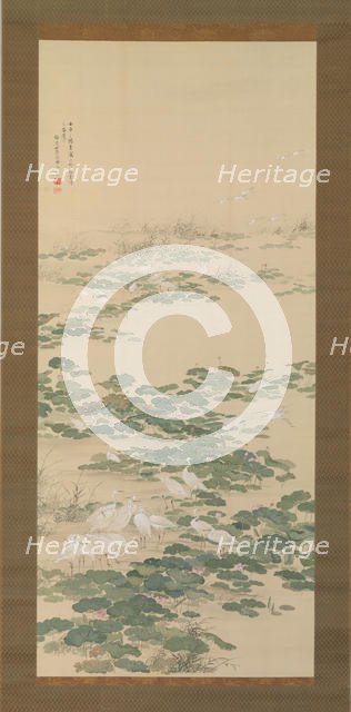 Egrets in a Lotus Pond, 1852. Creator: Yamamoto Baiitsu.