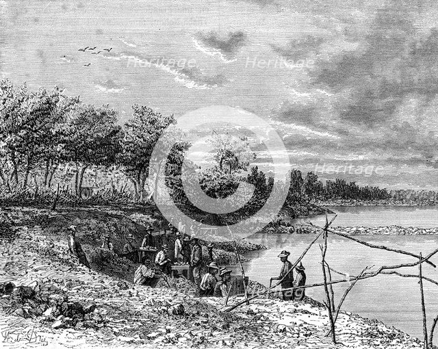 Diamond mining on the Vaal River, Free State, South Africa, 19th century.Artist: St de Dree