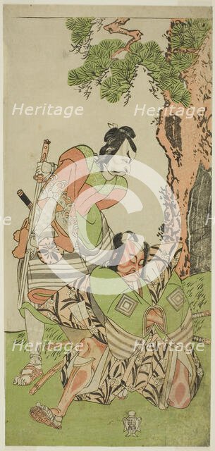 The Actors Ichikawa Danzo III as I no Hayata Tadazumi (right), and Matsumoto Koshiro II..., c. 1770. Creator: Shunsho.