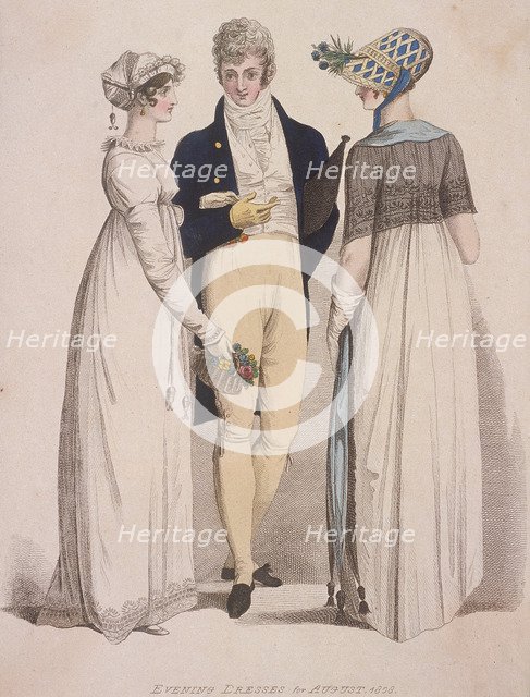 Two women and a man wearing evening dress, 1808. Artist: W Read
