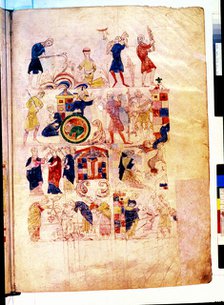 Farmers reaping and doing different agricultural tasks. Miniature in the 'Bible of Ripoll', manus…