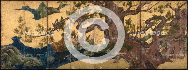Cypress Tree (Eight folded screen), 1590. Artist: Eitoku, Kano (1543-1590)