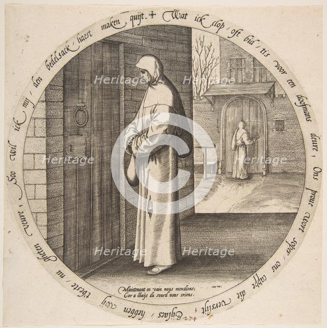 One Begs in Vain at the Door of the Deaf, from Twelve Flemish Proverbs, ca. 1568. Creator: Jan Wierix.