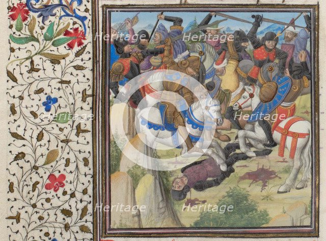 Fight between Christians and Saracens under Saladin. Miniature from the Historia by William of Tyre, 1460s. Artist: Anonymous  