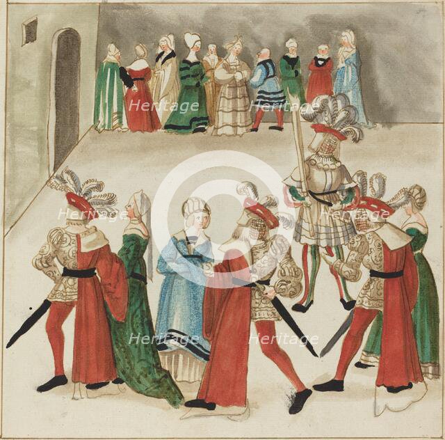 Three Men in Red Capes Dancing with Their Partners, c. 1515. Creator: Unknown.