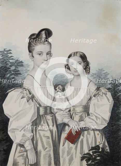 Portrait of Sisters Anna Petrovna (1822-1905) and Elena Petrovna (1824-1860) Ushakov, 1830s. Creator: Hampeln, Carl, von (1794-after 1880).