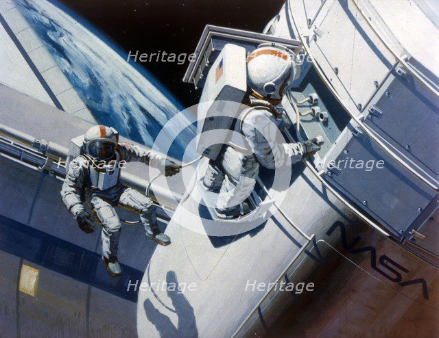 Space Shuttle - artist's concept of spacewalk, 1980s.  Creator: NASA.