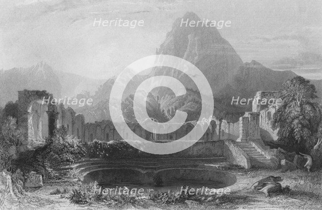 'Temple & Fountain at Jagwhan', c19th century. Artist: James Redaway.