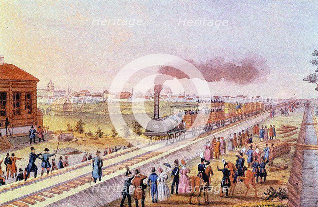 Arrival of the first train from St. Petersburg to Tsarskoye Selo on 30 October 1837, 1837. Artist: Martens, Friedrich von (1809-1875)