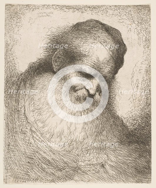 A bearded man wearing a cap looking down to the right, from the series 'Heads in Or..., ca. 1648-50. Creator: Giovanni Benedetto Castiglione.