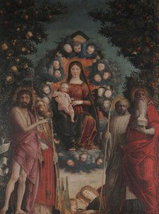 Madonna in glory with Saint John the Baptist, Saint Gregory the Great, Saint Benedict and..., 1497. Creator: Mantegna, Andrea (1431-1506).