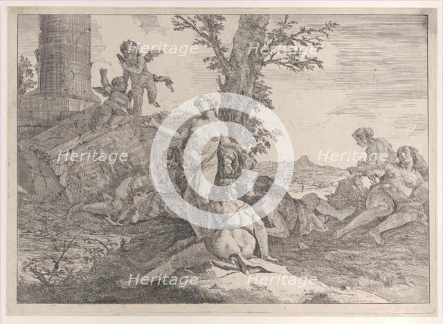 Six nymphs and two putti, from "Bacchanals and Histories", 1744. Creator: Francesco Fontebasso.