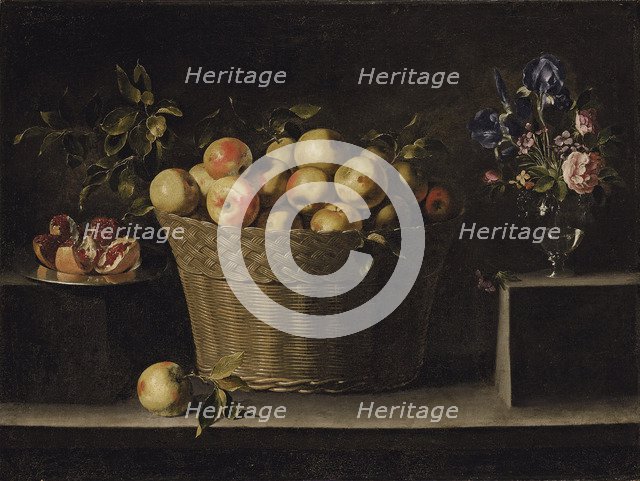 Apples in a wicker basket, an pomegranate on a silver plate and flowers in a glass vase. Artist: Zurbarán, Juan de (1620-1649)