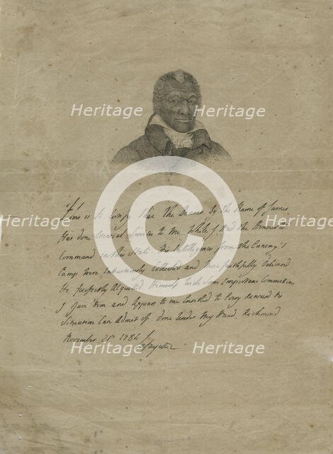 James Armistead Lafayette - Facsimile of the Marquis de Lafayette's original certificate..., 1784. Creator: Unknown.