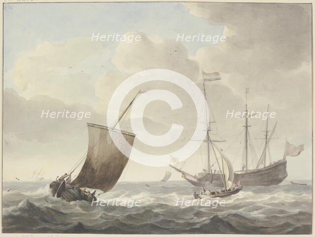 Running sea with ships, yellow flag with a golden lion. Creator: Martinus Schouman.