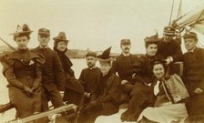 Female passengers and crew members in group portrait aboard ship,1894 or 1895. Creator: Alfred Lee Broadbent.