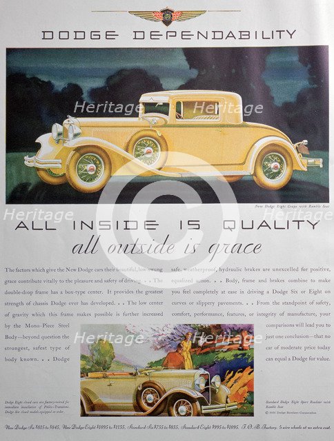 Advert for Dodge cars, 1931. Artist: Unknown