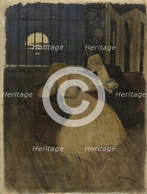 Gentleman tries to persuade a doubting lady on a sofa, 1869-1923. Creator: Theophile Alexandre Steinlen.