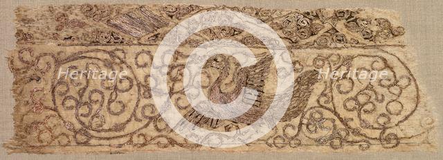 Embroidered fragment with bird among vines, 1100s. Creator: Unknown.