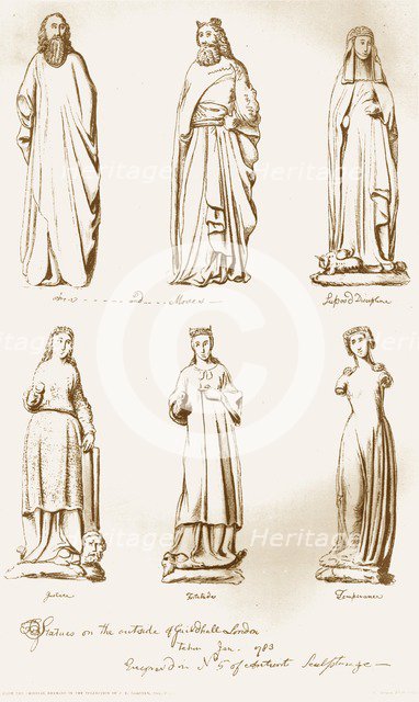 Statues on the Outside of Guild Hall, 1783, (1886). Artist: Unknown.