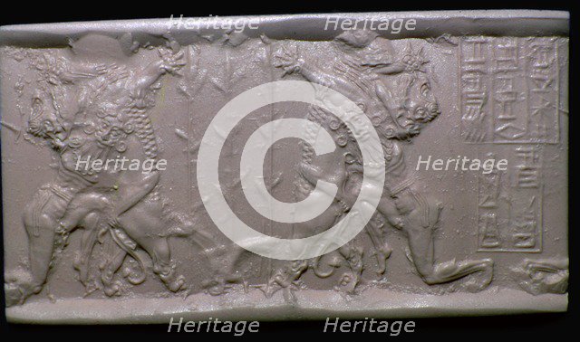 Akkadian cylinder-seal impression of Gilgamesh and a Lion. Artist: Unknown