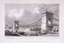 Hammersmith Bridge with water vessels on the River Thames, Hammersmith, London, 1828. Artist: Thomas Higham